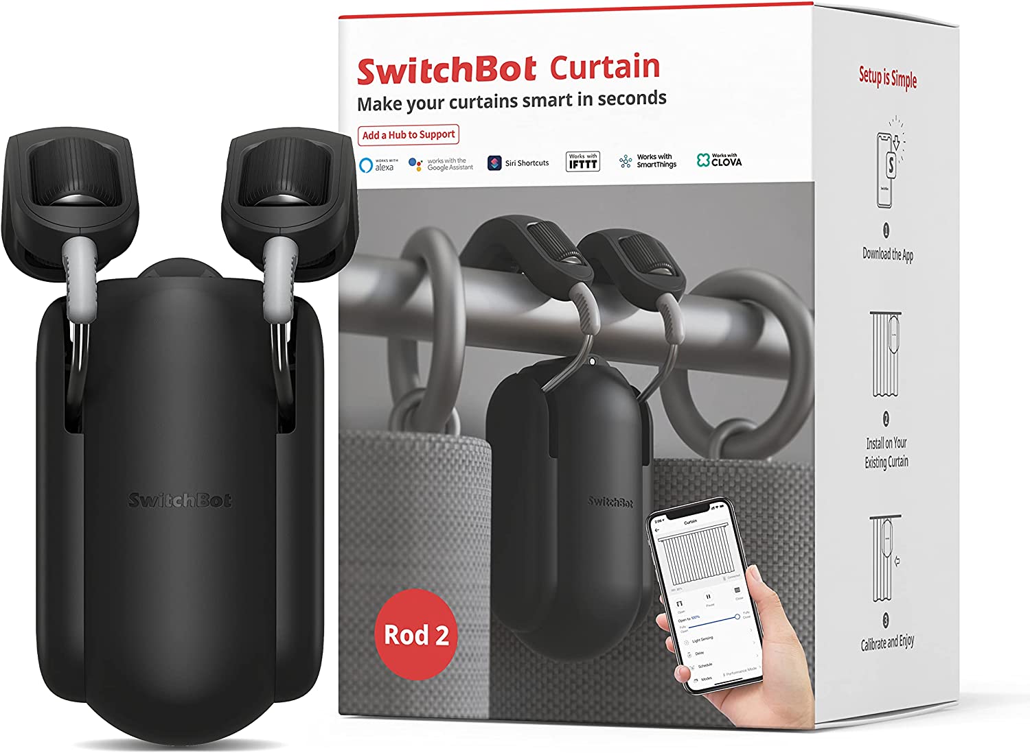SwitchBot Automatic Curtain Opener - Bluetooth Remote Control Smart Curtain  with App/Timer, Upgraded High-Performance Motor, Add Hub to Work with