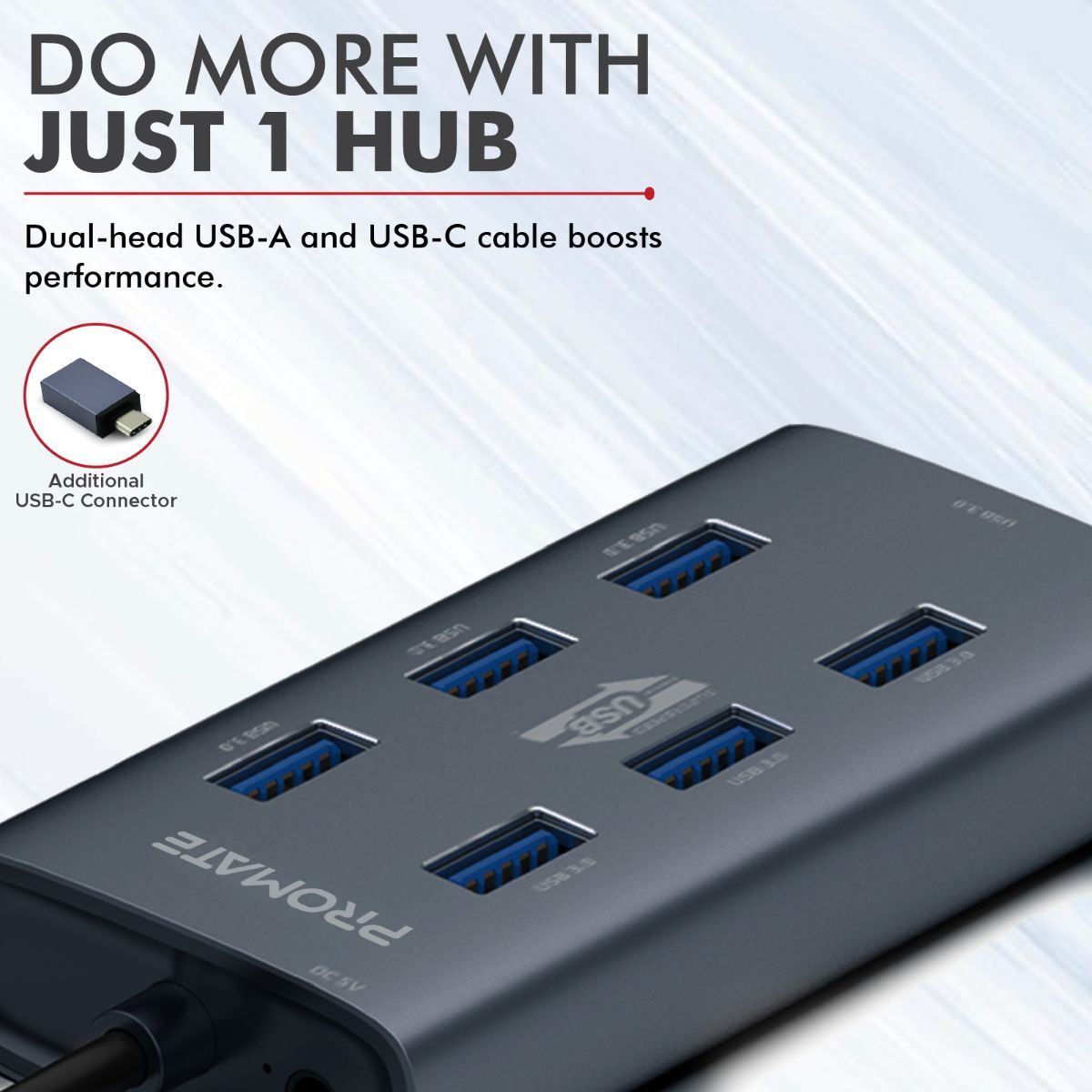 Promate Hub USB alimenté en alliage d'aluminium, 7 ports USB 3.0,  adaptateur USB-C, taux de transfert 5 Gbps, données et charge