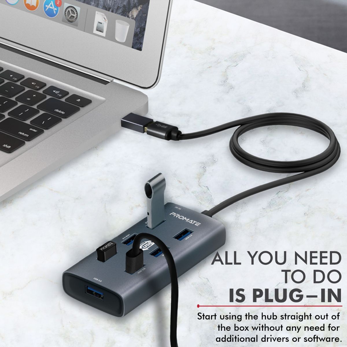 Promate Hub USB alimenté en alliage d'aluminium, 7 ports USB 3.0,  adaptateur USB-C, taux de transfert 5 Gbps, données et charge