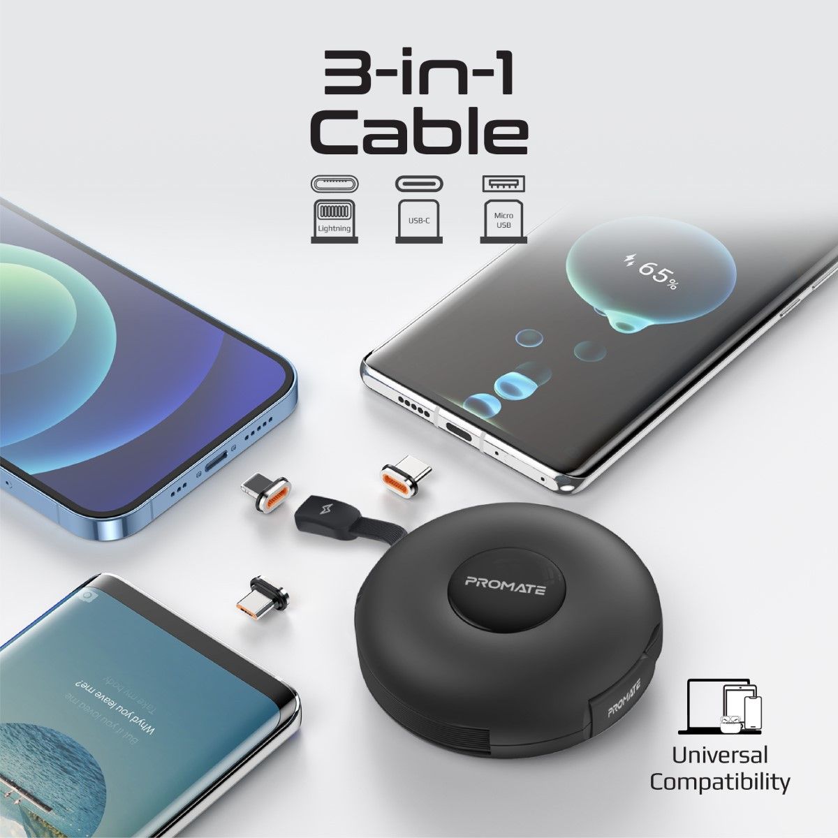 Buy Promate Magnetic Charging Cable, 3-in-1 Retractable Usb-c™ Charging  Cable With 60w Usb-c™ Power Delivery, 18w Micro-usb, 20w Lightning Power  Delivery And Sync Charge Cord For Iphone 13, Quiver Black Online in
