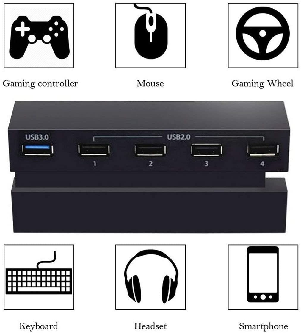 5 Port USB Hub for PS4, Multi Port USB 3.0 2.0 High Speed Charger  Controller Splitter Expansion for PS4 Console, Not for PS4 Slim, PS4 Pro 