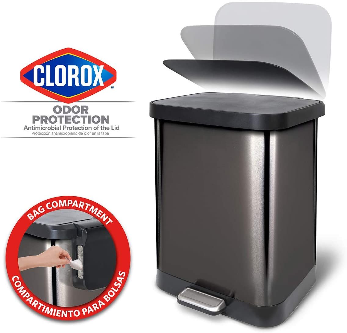  Glad Stainless Steel Step Trash Can with Clorox Odor Protection   Large Metal Kitchen Garbage Bin with Soft Close Lid, Foot Pedal and Waste  Bag Roll Holder, 20 Gallon, Stainless 