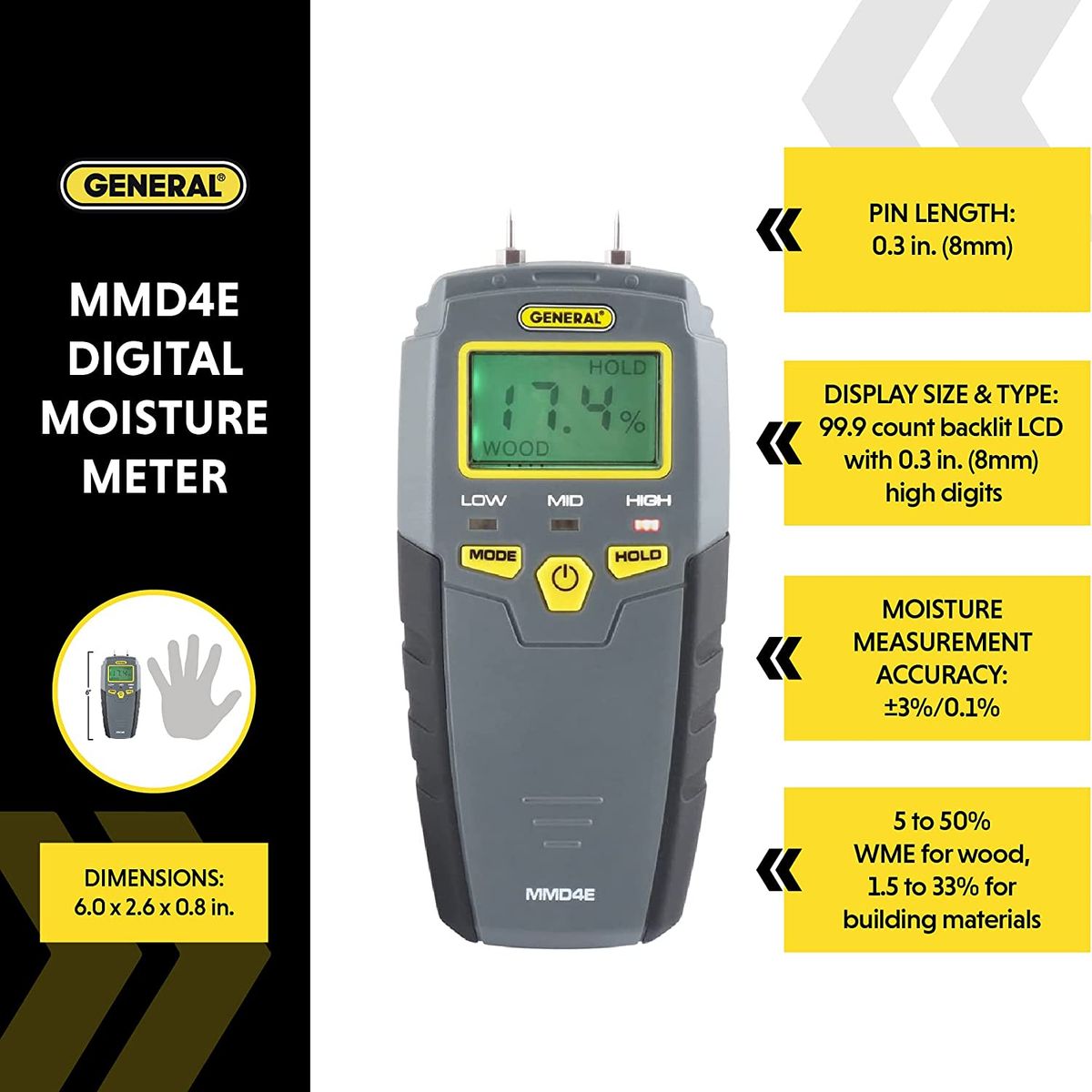 General Tools MMD4E Digital Moisture Meter, Water Leak Detector, Moisture  Tester, Pin Type, Backlit LCD Display With Audible and Visual