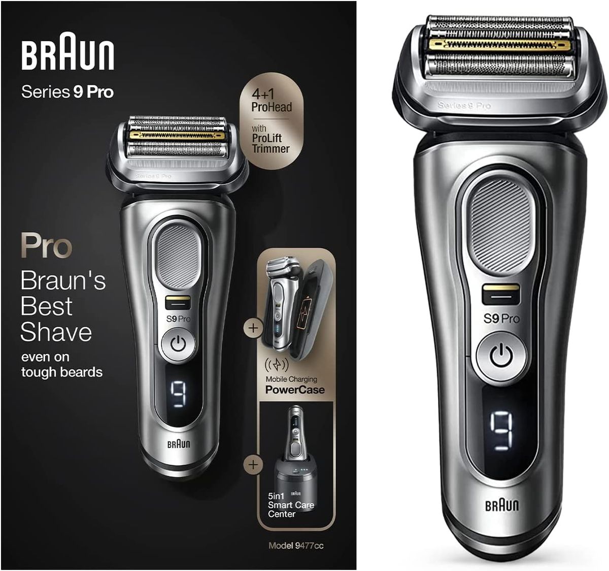 Braun Series 9 Shaver 9477Cc 4+1 Pro Head - Pro Electric Shaver With Mobile  Charging Powercase, Silver