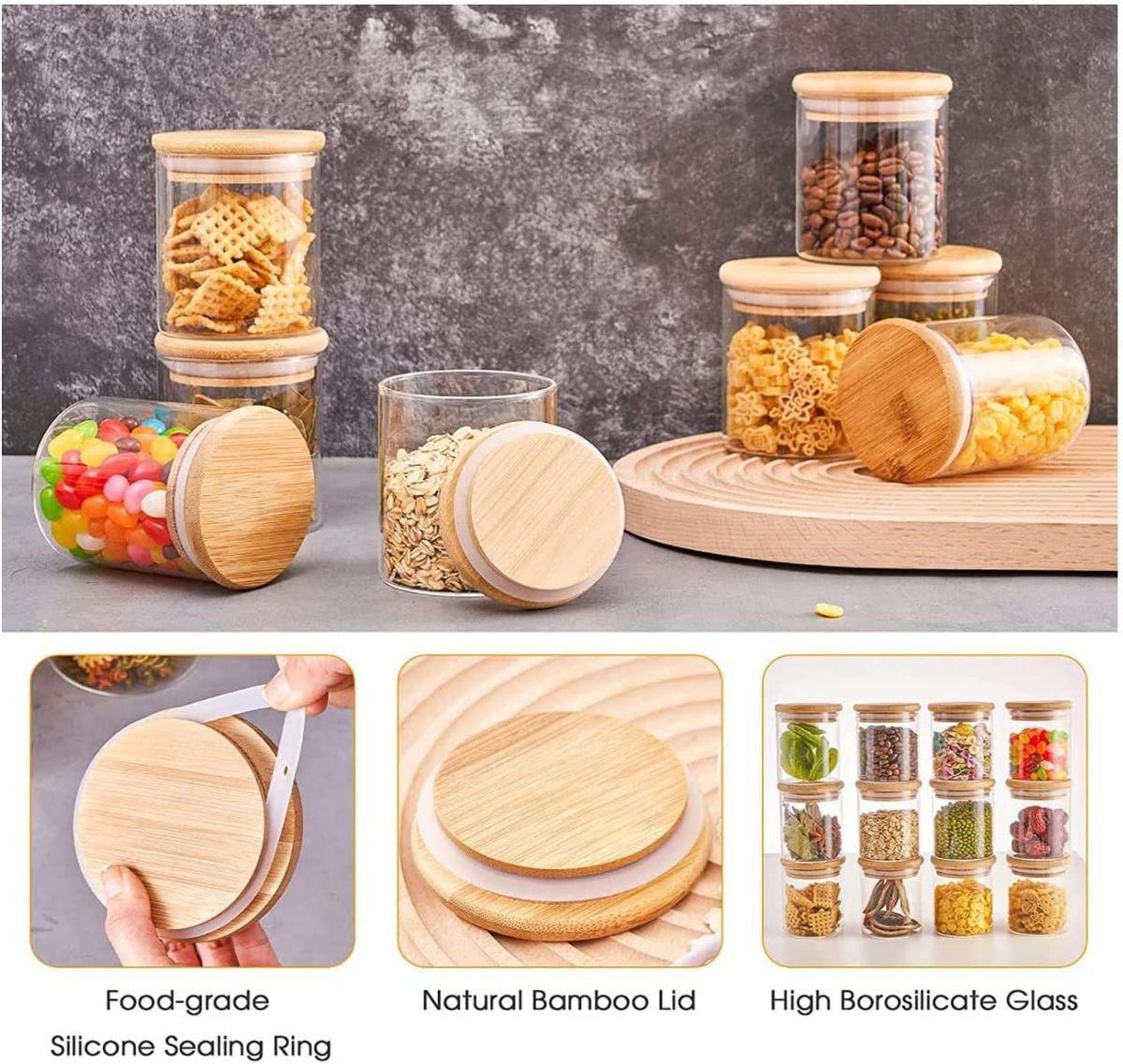 12PCS Glass Storage Jar Borosilicate Glass Bottle W/ Bamboo Cover And  Silicone Seal Dry Fruits Storage Bottle Heat-Resisting Jar