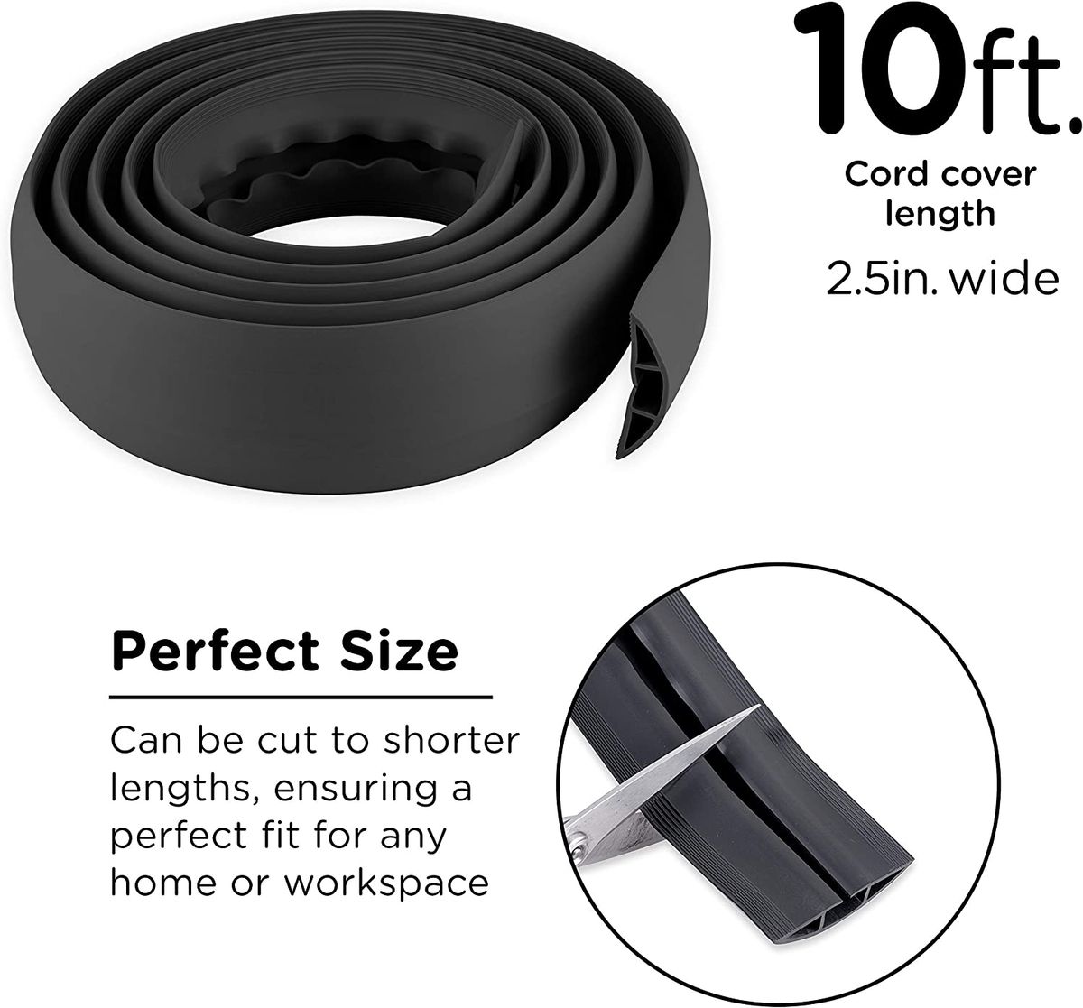 Cordinate 10 Ft Floor Cord Cover, Rubber, Low Profile, Cable Protector,  Gray, 49627 