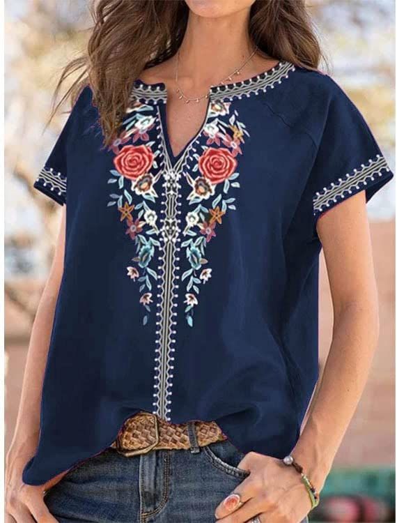 Womens Tops Blouses Peasant Tops Embroidered Summer Casual Shirts V Neck  Tunic Boho Top A S