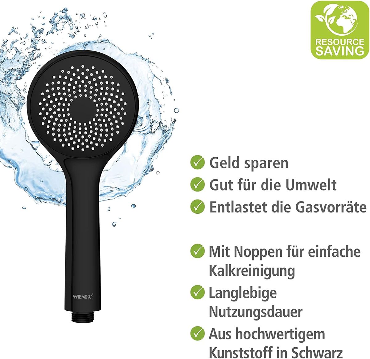 WENKO, Water Saving Hand-Held Shower Head, ABS, Universal Connection and  Fit, Sleek Modern Design, Eco-Friendly & Relaxing Spray, 9.5x9.5cm, Black