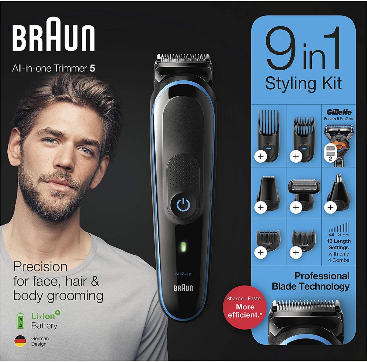 Braun All-in-one trimmer MGK5280, 9-in-1 Beard Trimmer, Hair Clipper, Ear  and Nose Trimmer, Body Groomer, Detail Trimmer, Rechargeable, with Gillette  ProGlide Razor, Black/Blue 