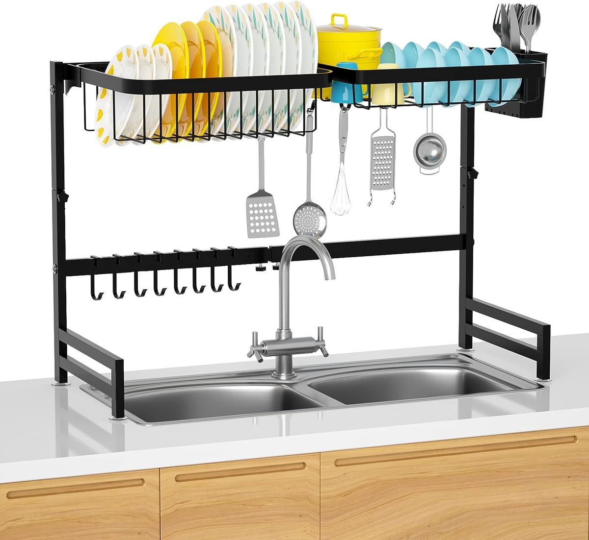 Over The Sink Dish Drying Rack,Adjustable,2 Tier Stainless Steel Dish Rack  Drainer, Large Stainless Steel Dish Rack Over Sink for Kitchen Counter  Organizer Storage Space Saver with Hooks (25.6-33.5) 
