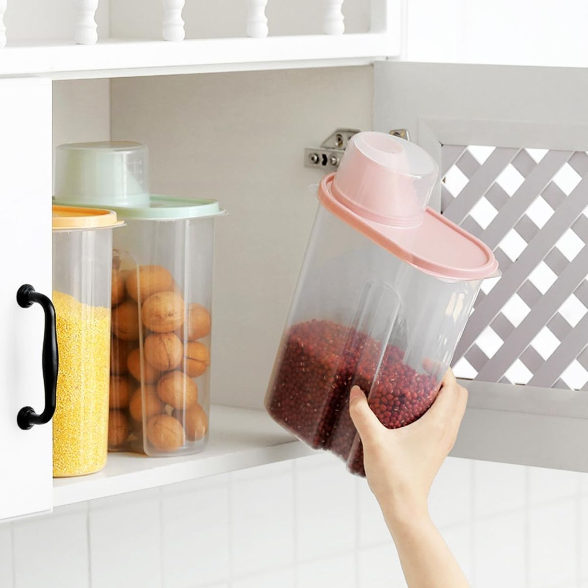 Airtight Food Storage Container Transparent Kitchen Cereal Storage Jars  with Measuring Cup Pouring Spout Cabinet Organizer Box