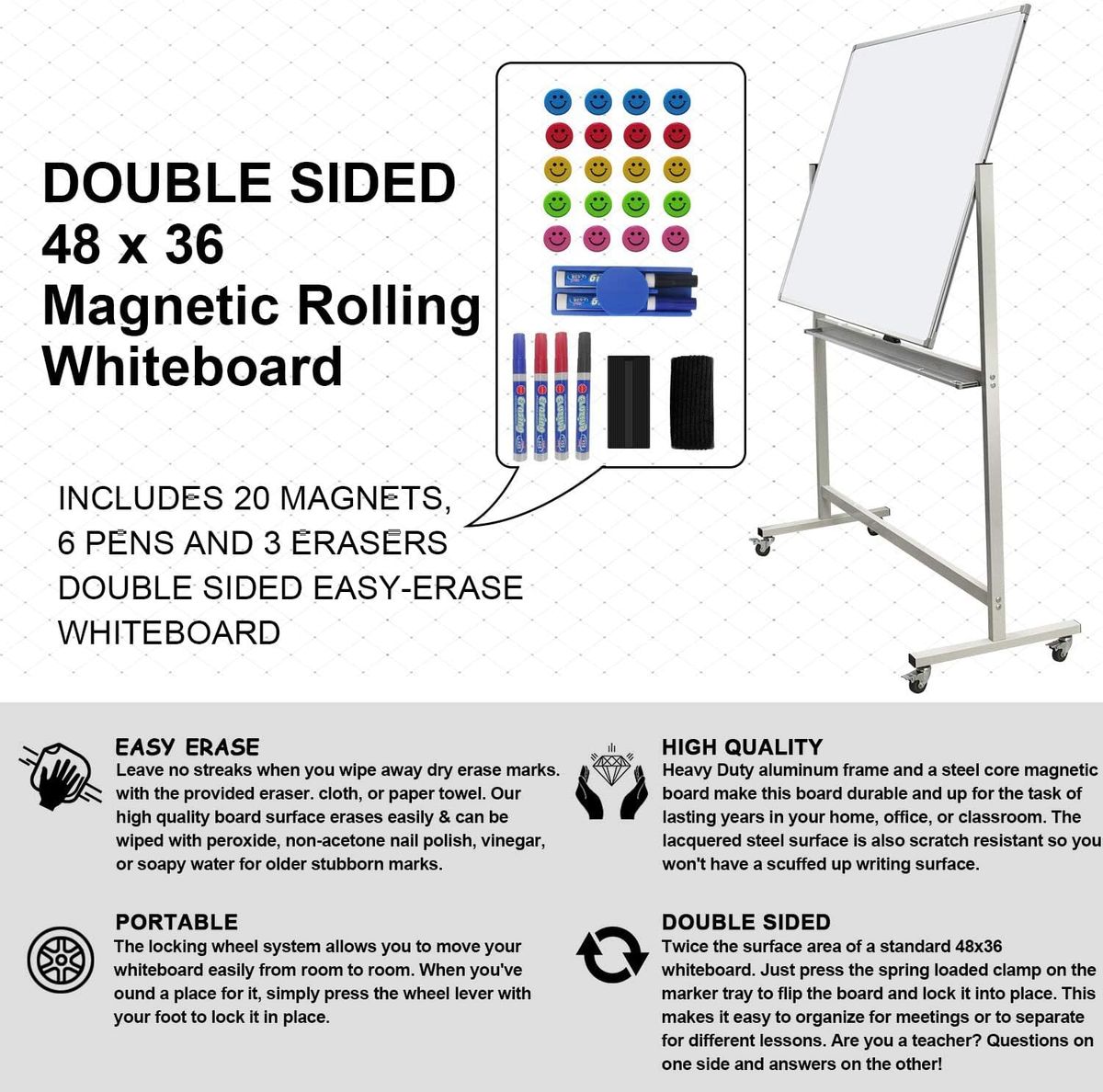  Mobile Whiteboard with Stand - 48x36 Double Sided Dry Erase  Board with Stand, Large White Board on Wheels for Office, Rolling Magnetic  Whiteboard with Pen Tray for Meeting, Training by