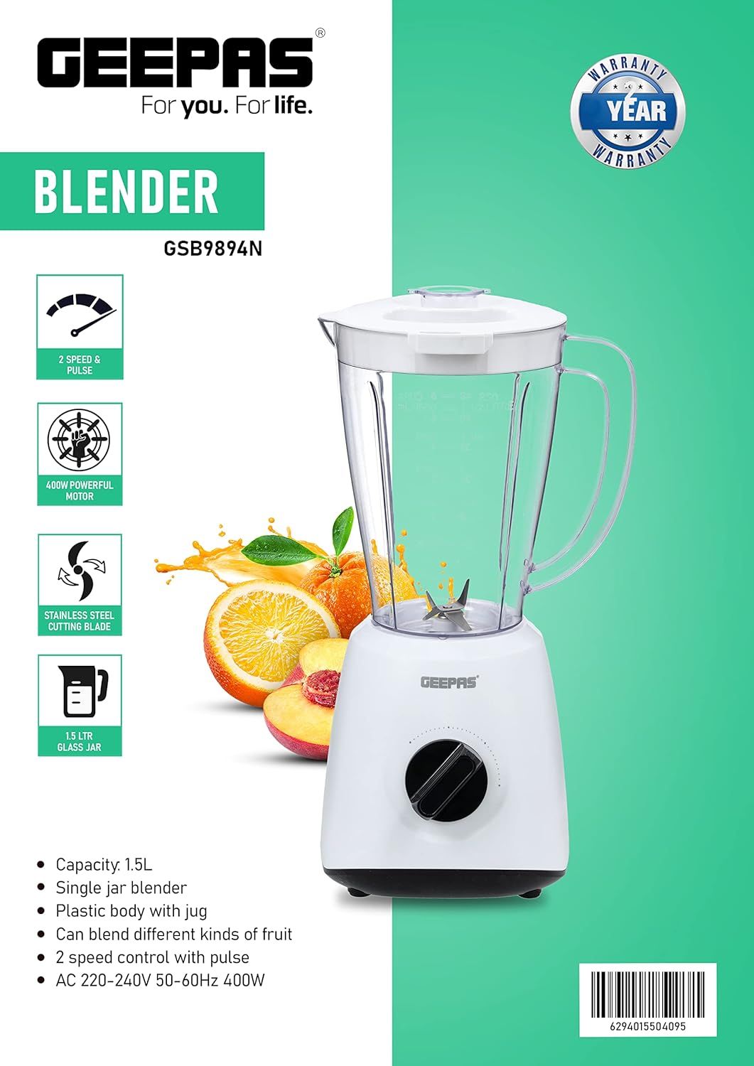 Geepas Electric Blender Smoothie Maker, Jug Blender 2 in 1 - 400W, White |  Stainless Steel Blades| 1.5L Jar | Chopper, Coffee Grinder Smoothie