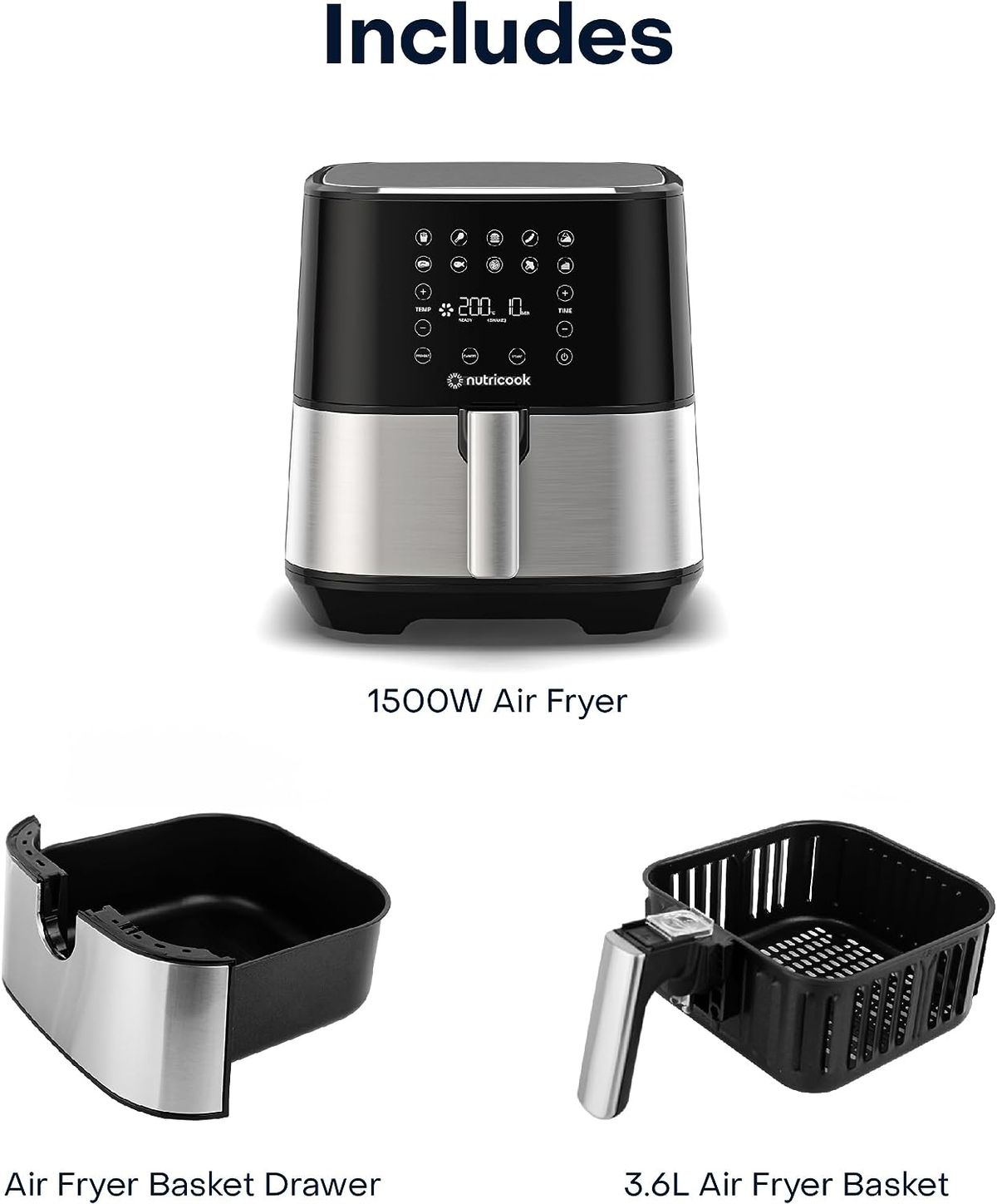 NutriCook Air Fryer, Touch control, 3.6L, 1500W, Stanless Steel - eXtra  Saudi