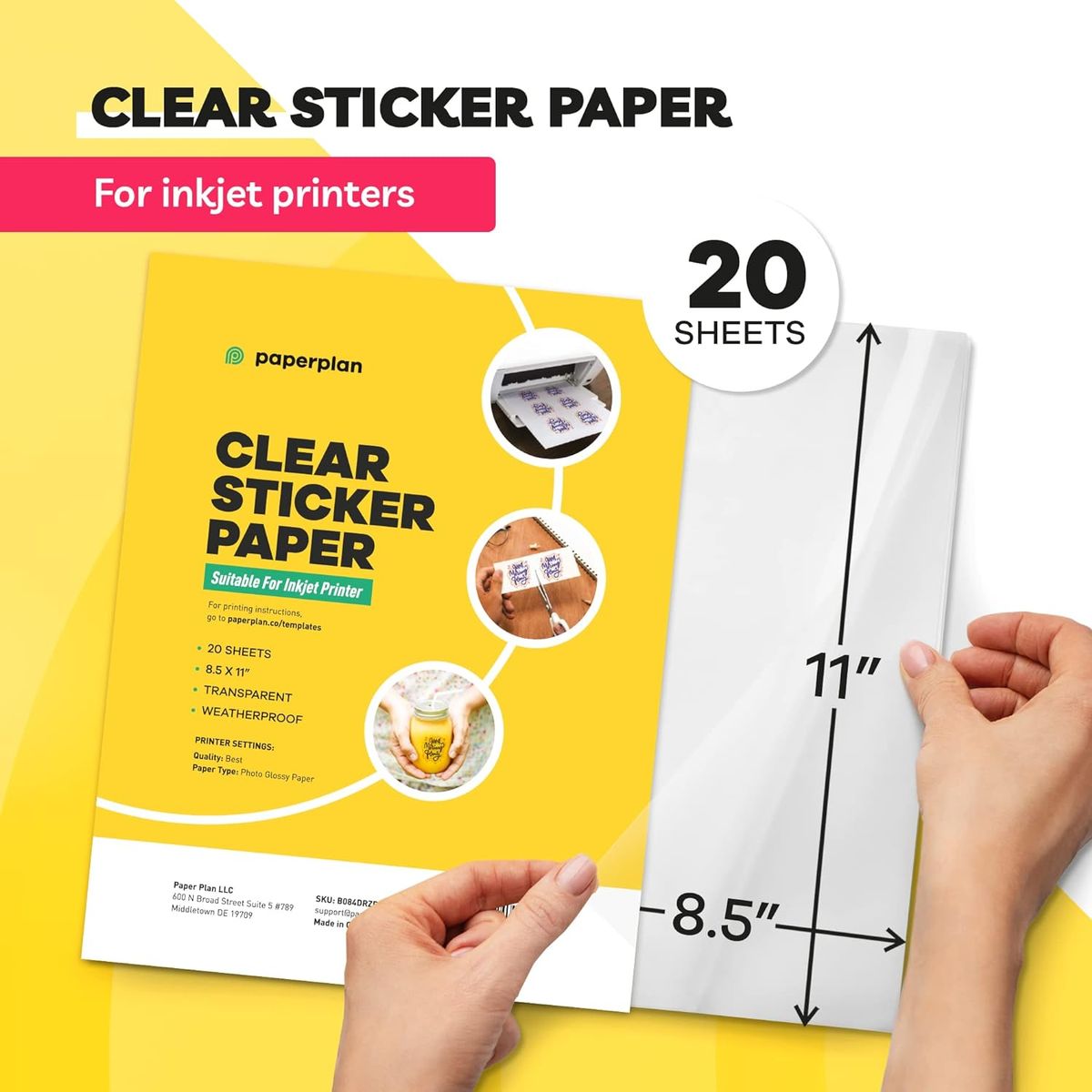 90% Clear Sticker Paper for Inkjet Printer (20 Sheets) - Glossy 8.5 x 11 -  Printable Vinyl - Transparent - Adhesive - Clear Sheets - Clear Labels for  Cricut : : Office Products