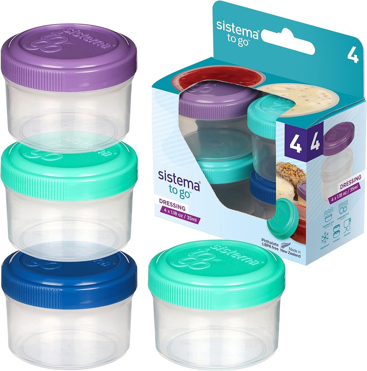 Sistema 4-Piece Salad Dressing and Condiment Containers with Lids for  Lunch, Dishwasher Safe, 1.18-Ounce, Multicolor