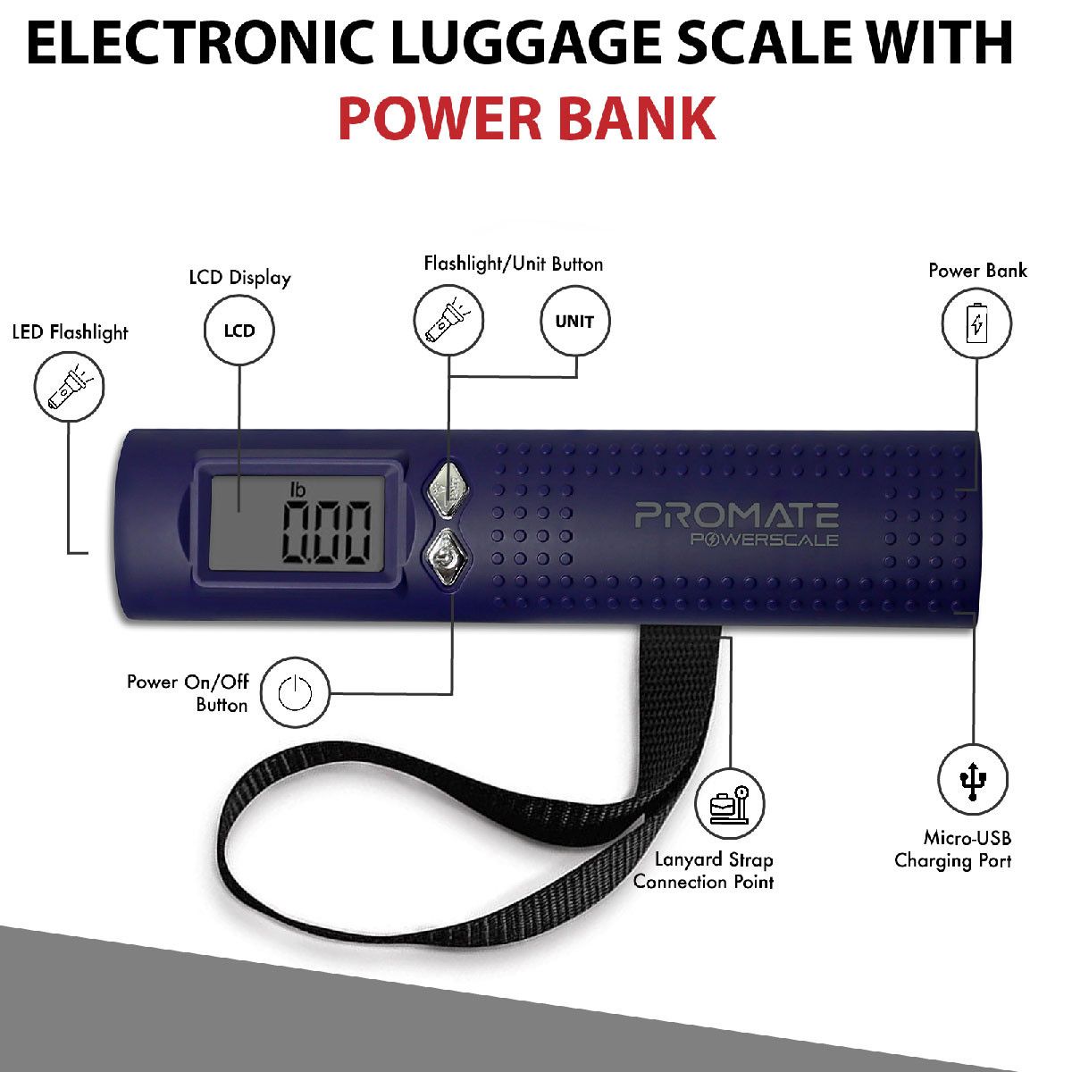 3 In 1 Digital Luggage scale + phone Charging And LED Flashlight